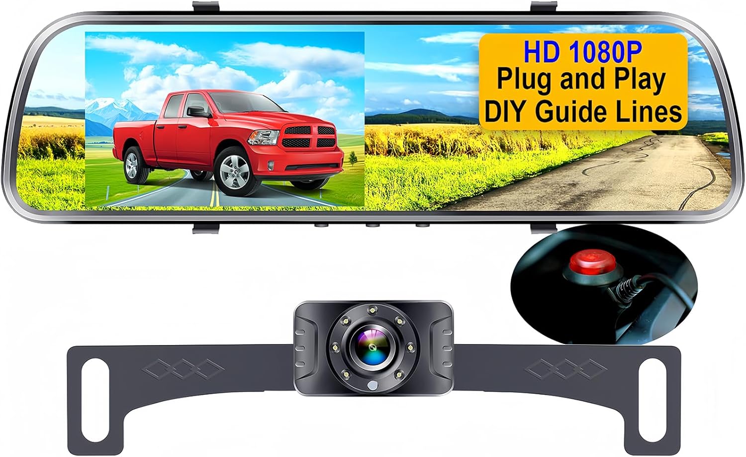Backup Camera Mirror HD 1080P - Plug and Play Easy Set up Color Night Vision Rear View Mirror with License Plate Camera for Car Truck SUV Waterproof DIY Guide Lines AMTIFO A1