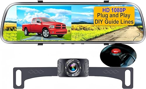 Espejo de cámara de respaldo HD 1080P – Plug and Play, fácil de instalar, visión nocturna a color, espejo retrovisor con cámara de matrícula