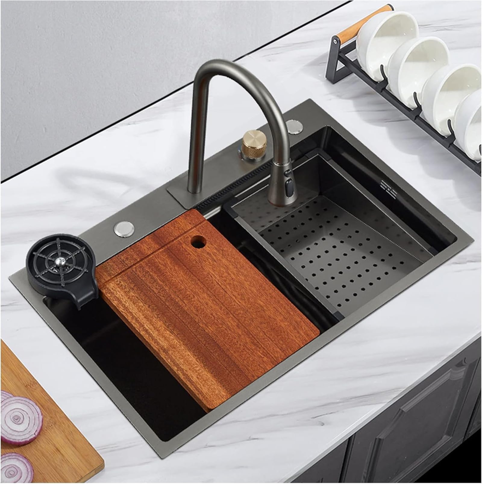 YADZISW Commercial Stainless Steel Kitchen Sink with Faucet - Multifunctional Waterfall Vegetable Basin for Home Restaurant School (Size: 68x45x22cm Color: Black)