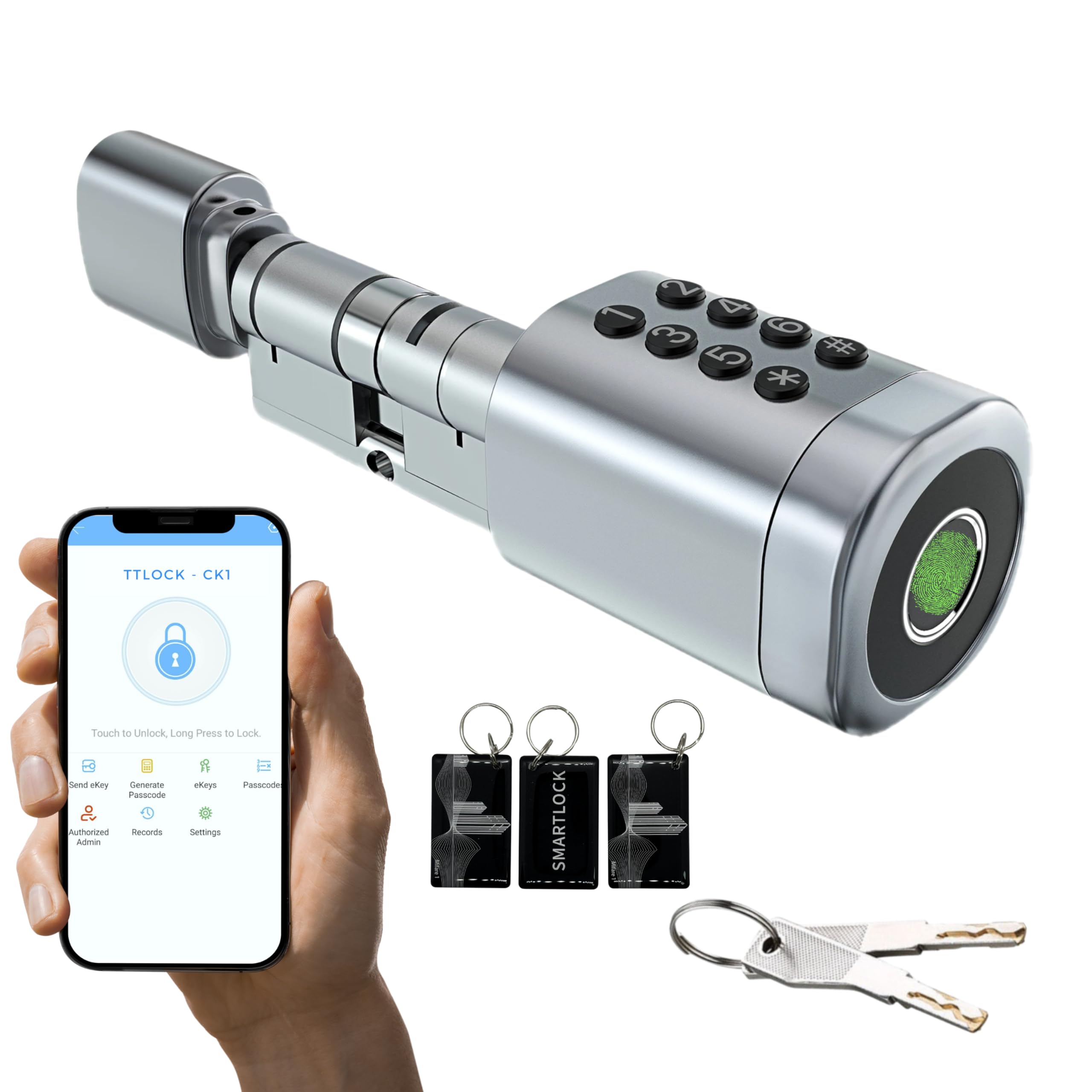 Altix C1 TTLock Smart Door Lock Cylinder | Keyless Entry with Fingerprint, Passcode, Bluetooth & Keycard | Metal Key | Rental-Friendly DIY Install | Highly Secure (FP&KY-100mm, Silver)