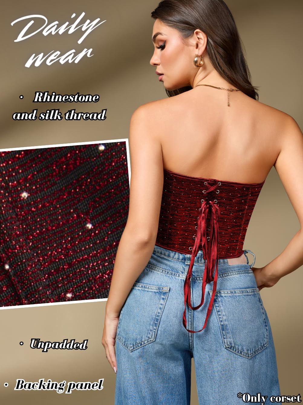 Boned Lace Up Corset Top For Women, Heart Overbust Strapless Vintage, Sexy Bustier Crop, Party Club Outfits - Image 3