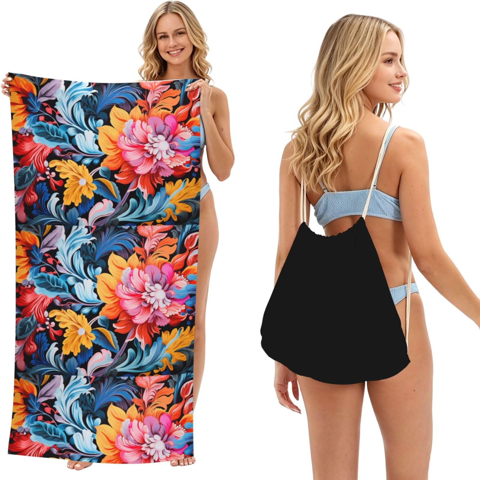 SKGOHLH Colorful Jasmine 2in1 Packable Beach Towel Bag Women