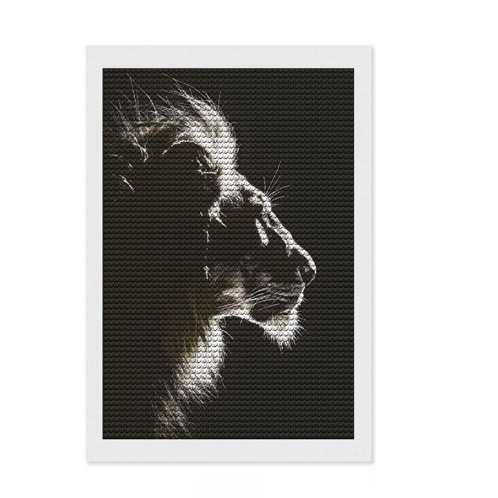 Junmoney Dark Lion Facing Upwards 5D Diamond Painting Kit 8"x12", Round Gems, Living Room Decor, Decorative Artwork, Vintage Style Decor