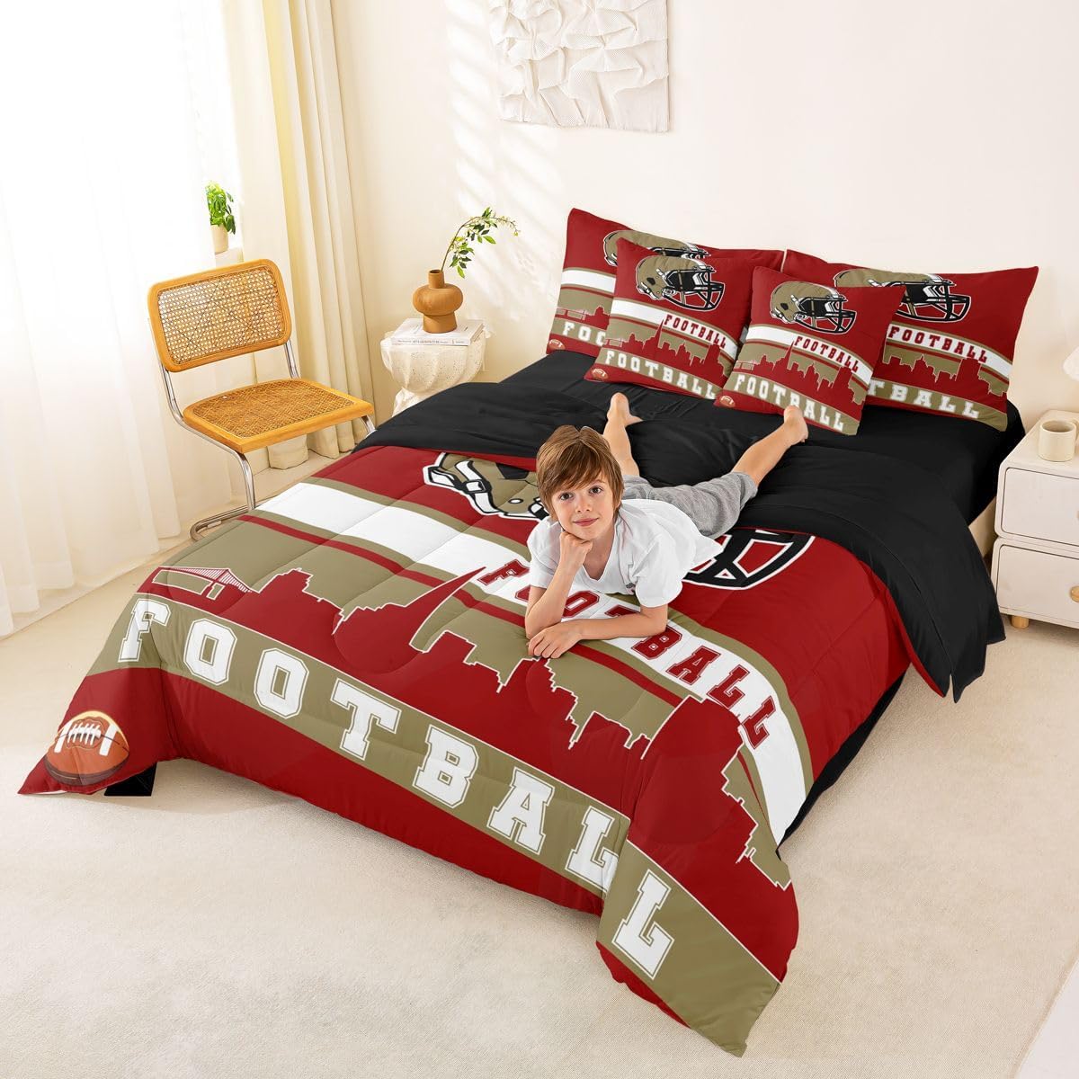 Erosebridal Football 7 Pcs Comforter Set Queen Football Fans Bedding for Men Footballs City Sheet Set Bed in A Bag Red Rugby Competition Room Decor Sports Ball Game Quilt - Image 4