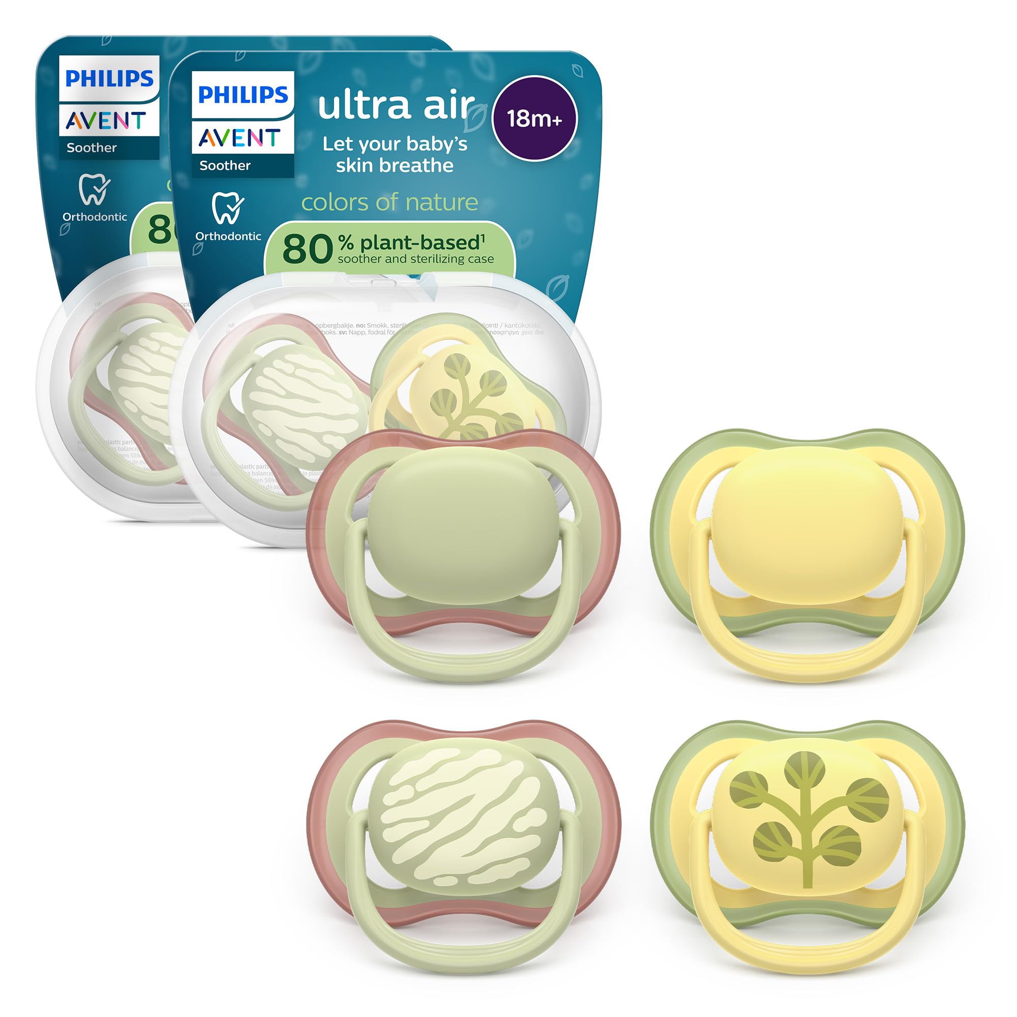 Philips Avent Ultra Start Ciuccio - Design ortodontico, per neonati dai 18 mesi in su, tettarella simmetrica in morbido silicone, senza BPA, confezione da 4, SCF349/55