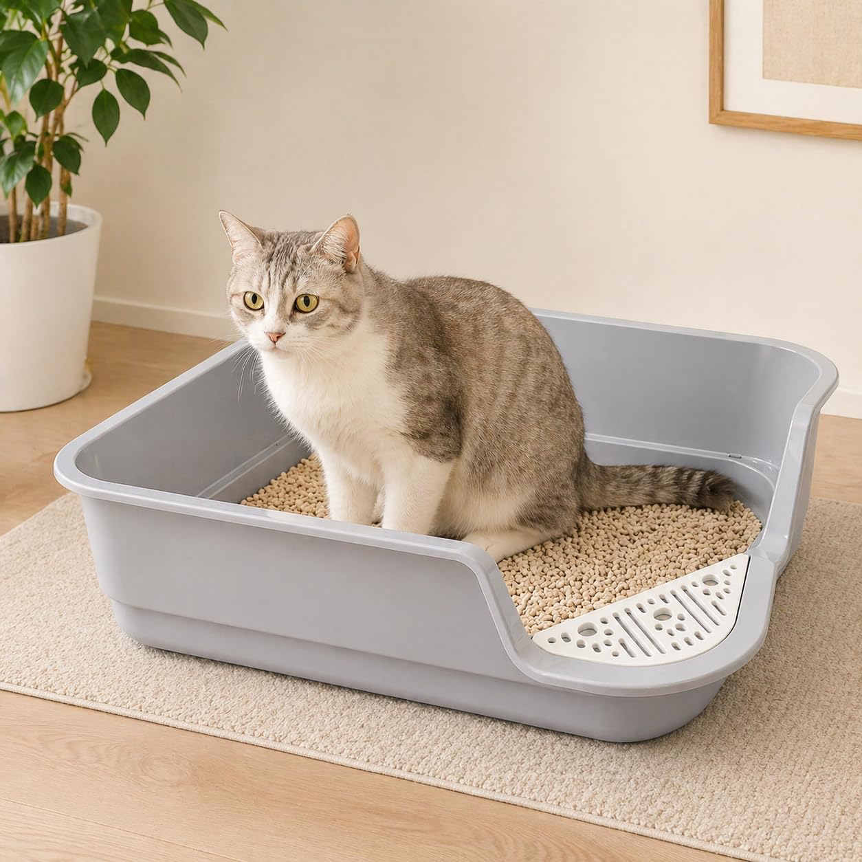 Cat Litter Box, Large Open Top Litter Pan, Low Entry, Anti-Tracking Step, High Sides, Easy Clean, Grey, 23.6x15.7x5.9 Inch image 2