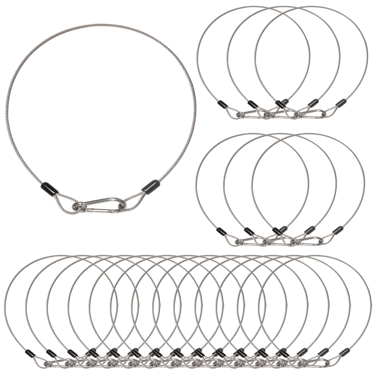Paquete de 20 cables de seguridad de luz de escenario para luces de fiesta de DJ de escenario, cable de seguridad de acero inoxidable grueso de 1/8 de diámetro con trabillas y gancho a presión