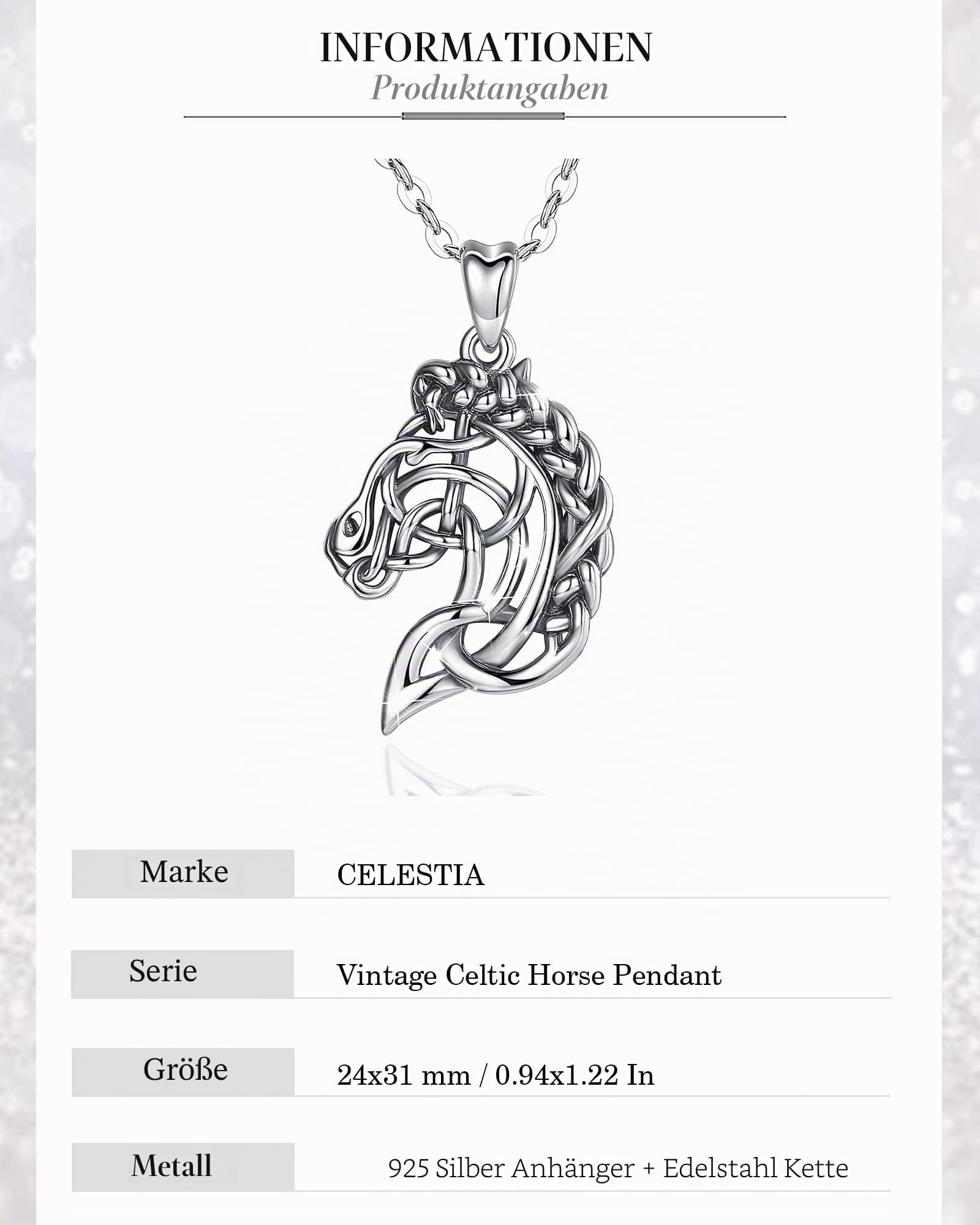 CELESTIA Pferde Kette Damen Silber 925 Irische Keltischer Imbolc Schmuck, Pferdegeschenke für Frauen, Pferdeliebhaber Keltischer Schmuck