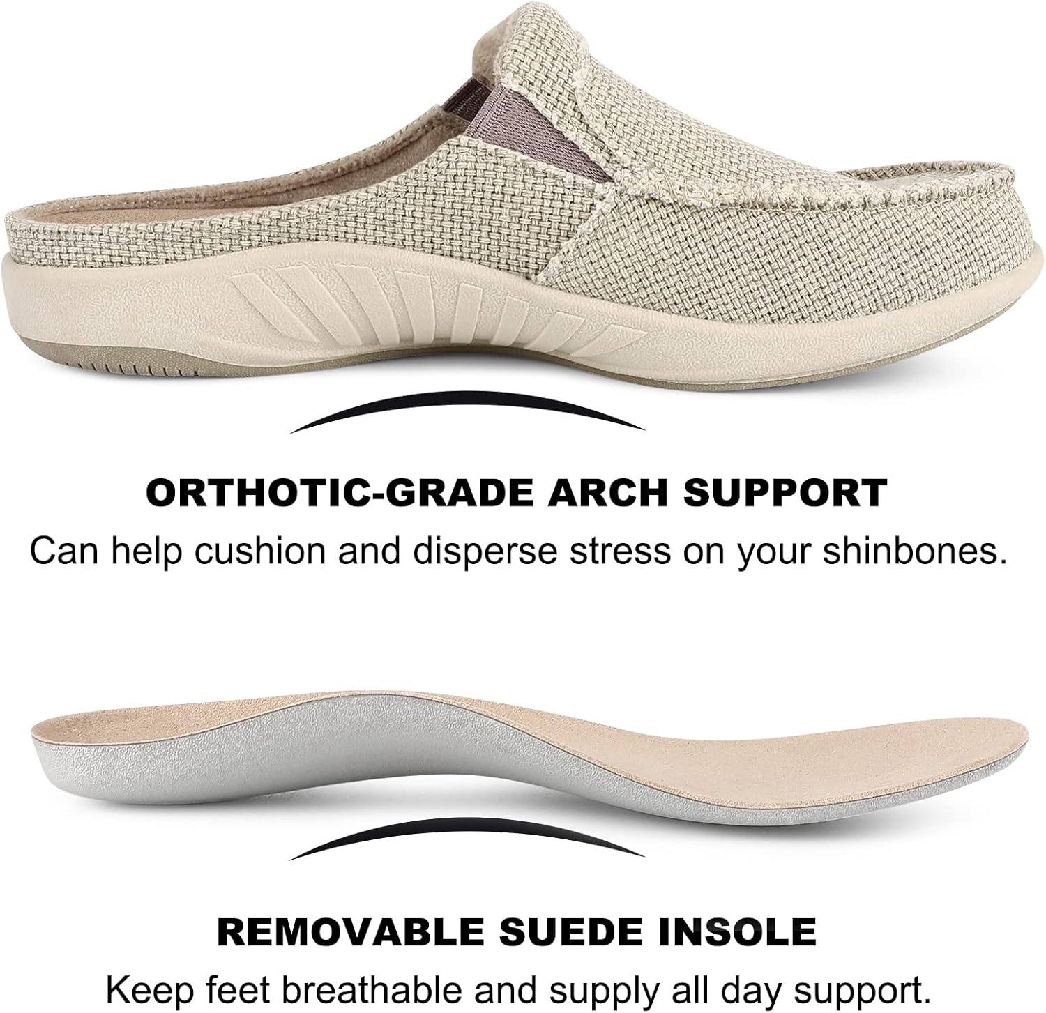 Womens Slippers with Arch Support, Walkhero House Slippers for Women with Suede Insole and Velvet Lining, Slip on Clog Indoor Outdoor House Shoes with Anti-Skid Rubber Sole, Cream, 12 - Image 7