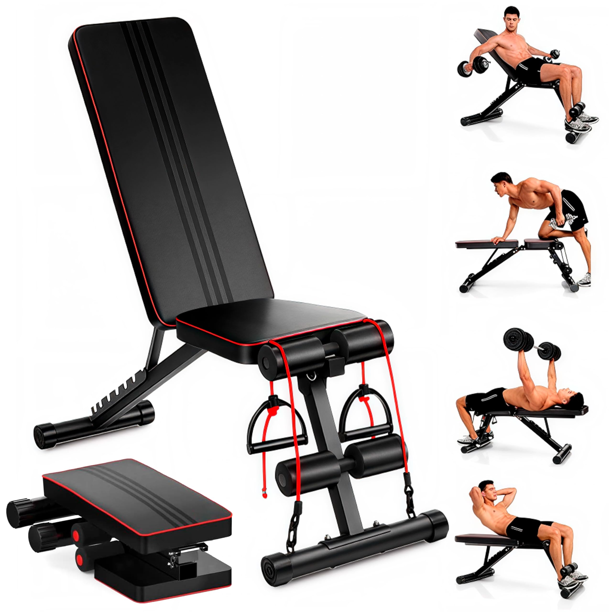EveryKip Banco de Musculación Ajustable y Plegable para Pesas y Mancuernas, Banco de Pesas Multifunción Gimnasio en Casa, Entrenamiento 7 en 1,Regulable, Abdominales Red Para Gatos 8x3m