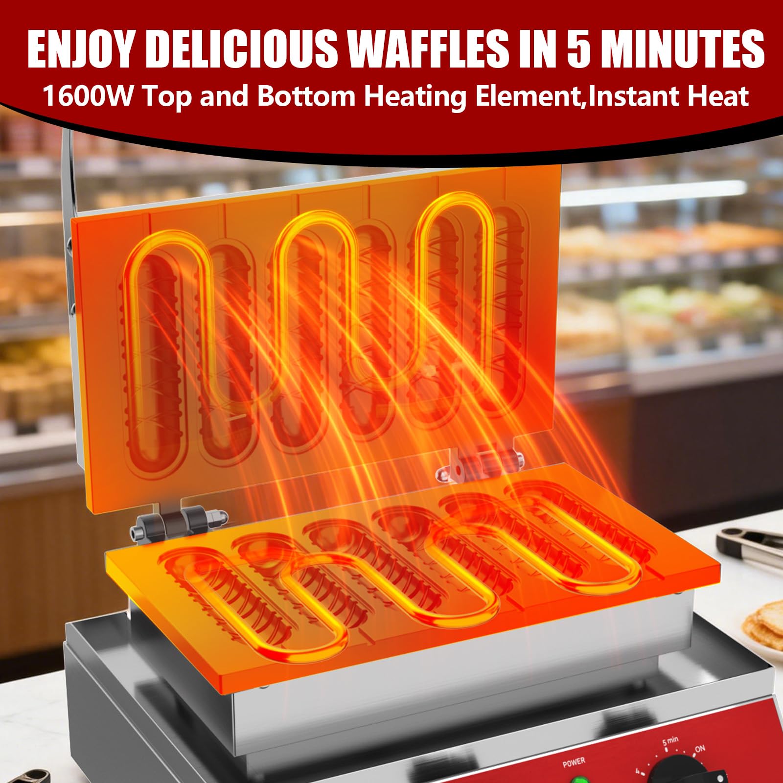 CROSSON Machine à Gaufres Pour Corn Dogs Commerciale,6 Pièces Gaufrier professionnel en acier inoxydable avec Revêtement Anti-Adhésif Contrôle de la Température et du Temps,1600W