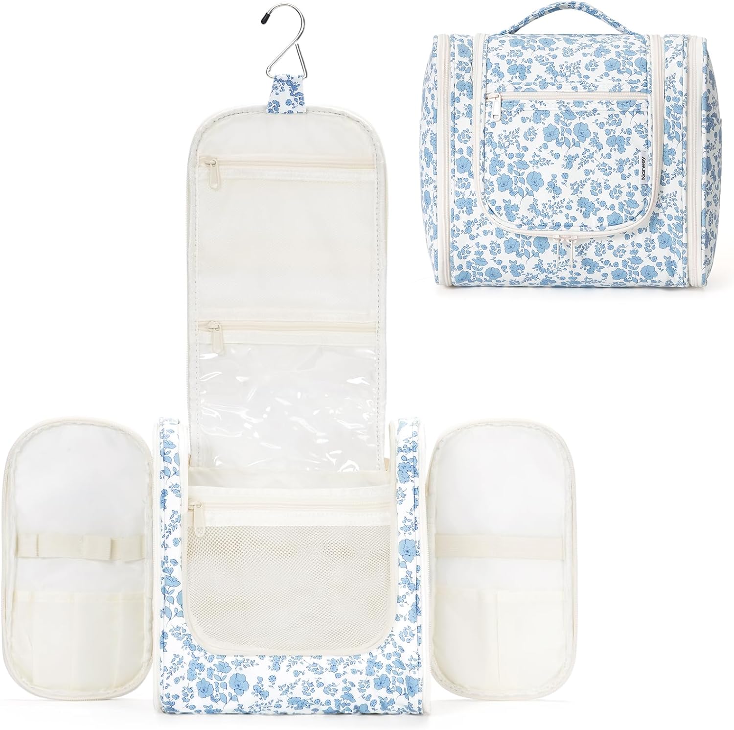 Narwey Large Hanging Toiletry Bag for Women Travel Makeup Bag Make up Organizer Toiletries Bag for Cosmetics Essentials Accessories (Large, Little Blue Flower)