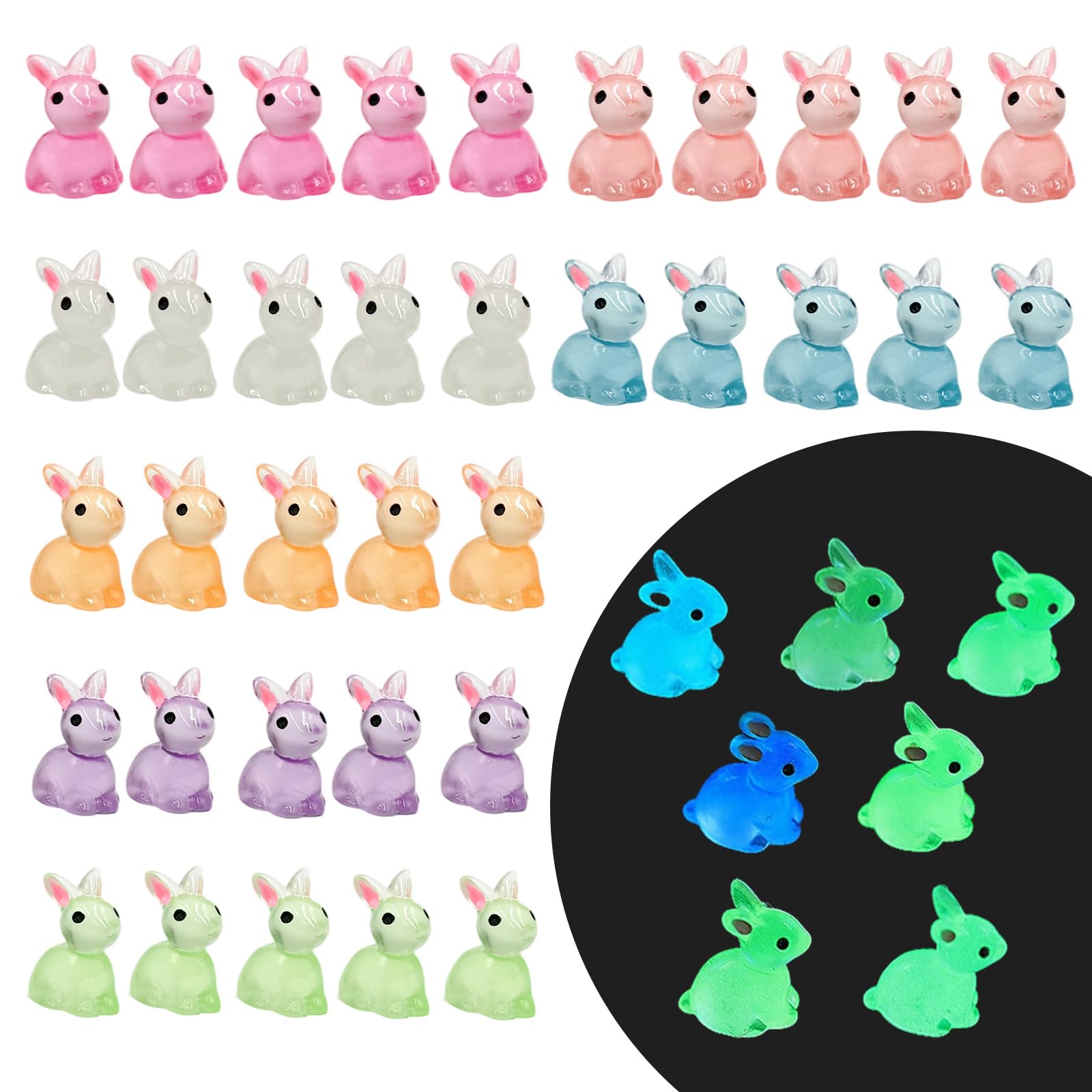 XinJiHongQiong 35 Pcs Mini Bunnies, Easter Bunny, 7 Colors Miniature Luminous Rabbit Figurines, Glow the Dark Miniature Rabbit Ornaments, Easter Egg Fillers Party Favors