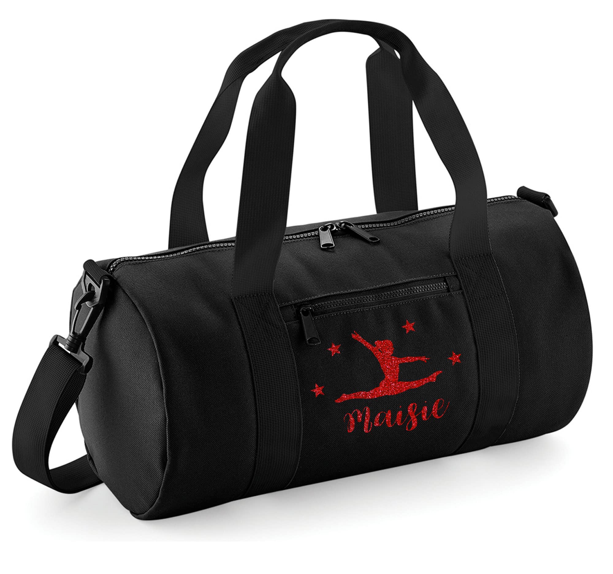 Personalised Gymnastics Bag for Girls Black Gym Kit Glitter Barrel Bags Dance Shoes Holdall Kids Back to School Accessories Custom Name Gift for Her (Black-RED-G)