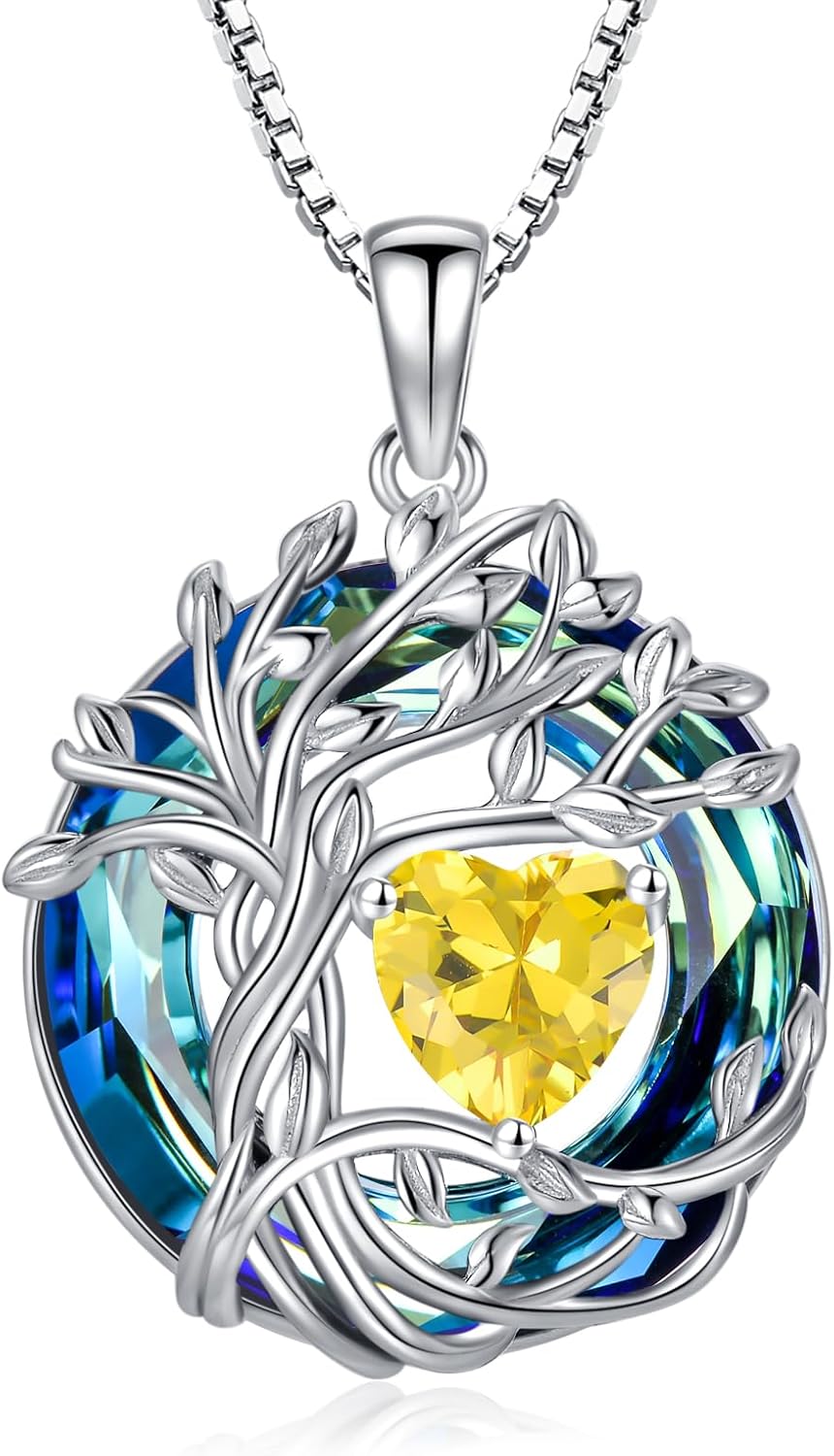 TOUPOP Tree of Life Birthstone Necklace 925 Sterling Silver Pendant Austrian Crystal Jewelry Anniversary Valentine's Day Birthday Gifts for Women Mom Her Wife