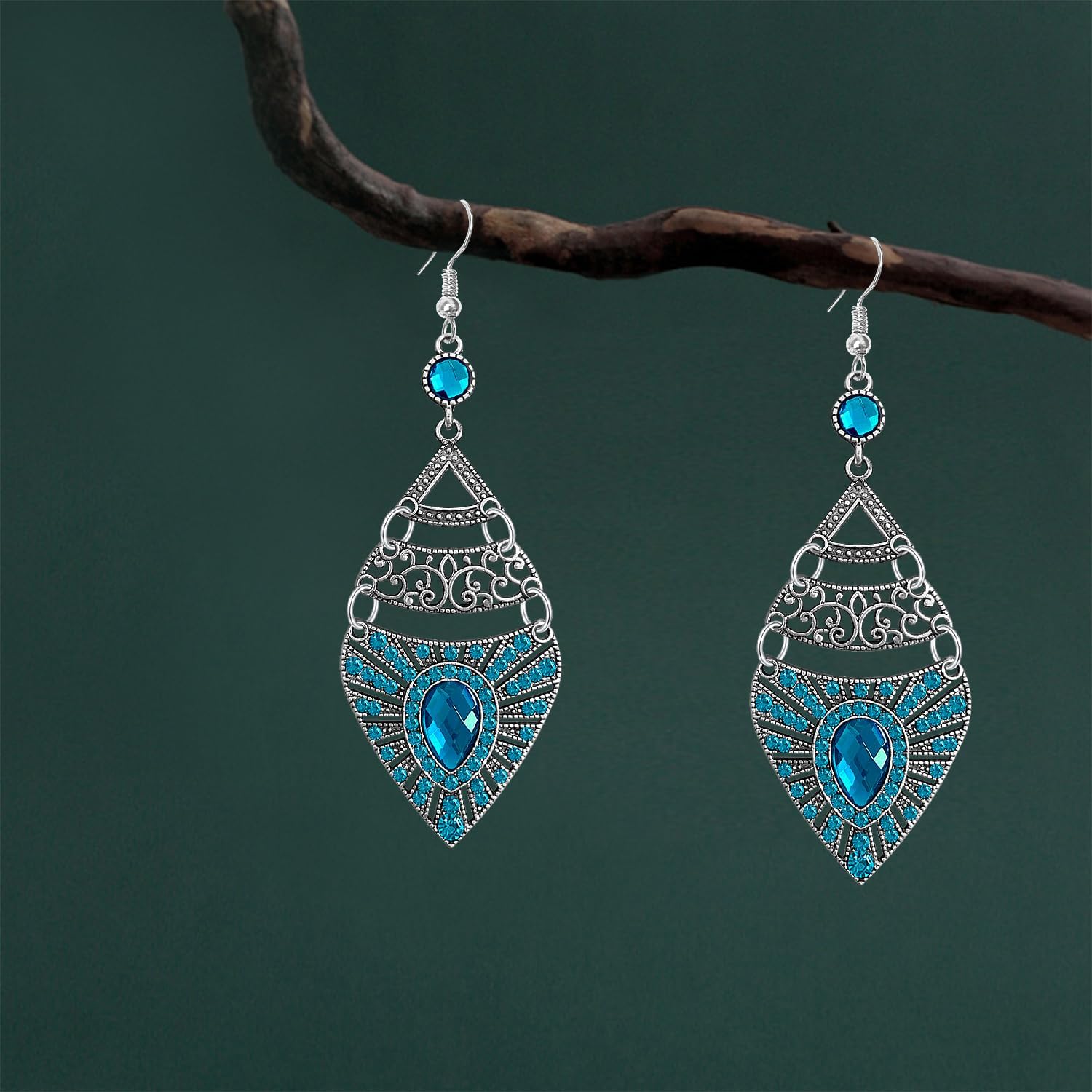 Bohemian Style Retro Geometric Alloy Dangle Drop Earrings Ethnic Colored Rhinestone Hollow Dangle Drop Earrings - Image 6