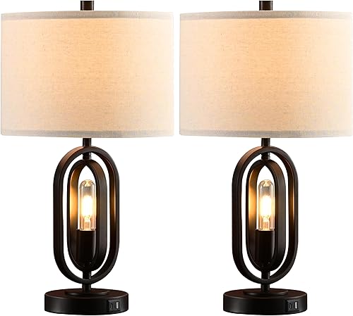 Miniatura 7 de Kyrid Juego de lámpara de mesa negra de 22 pulgadas con puerto USB y tomacorriente, lámparas de mesa de noche con control táctil de 3 vías con luz