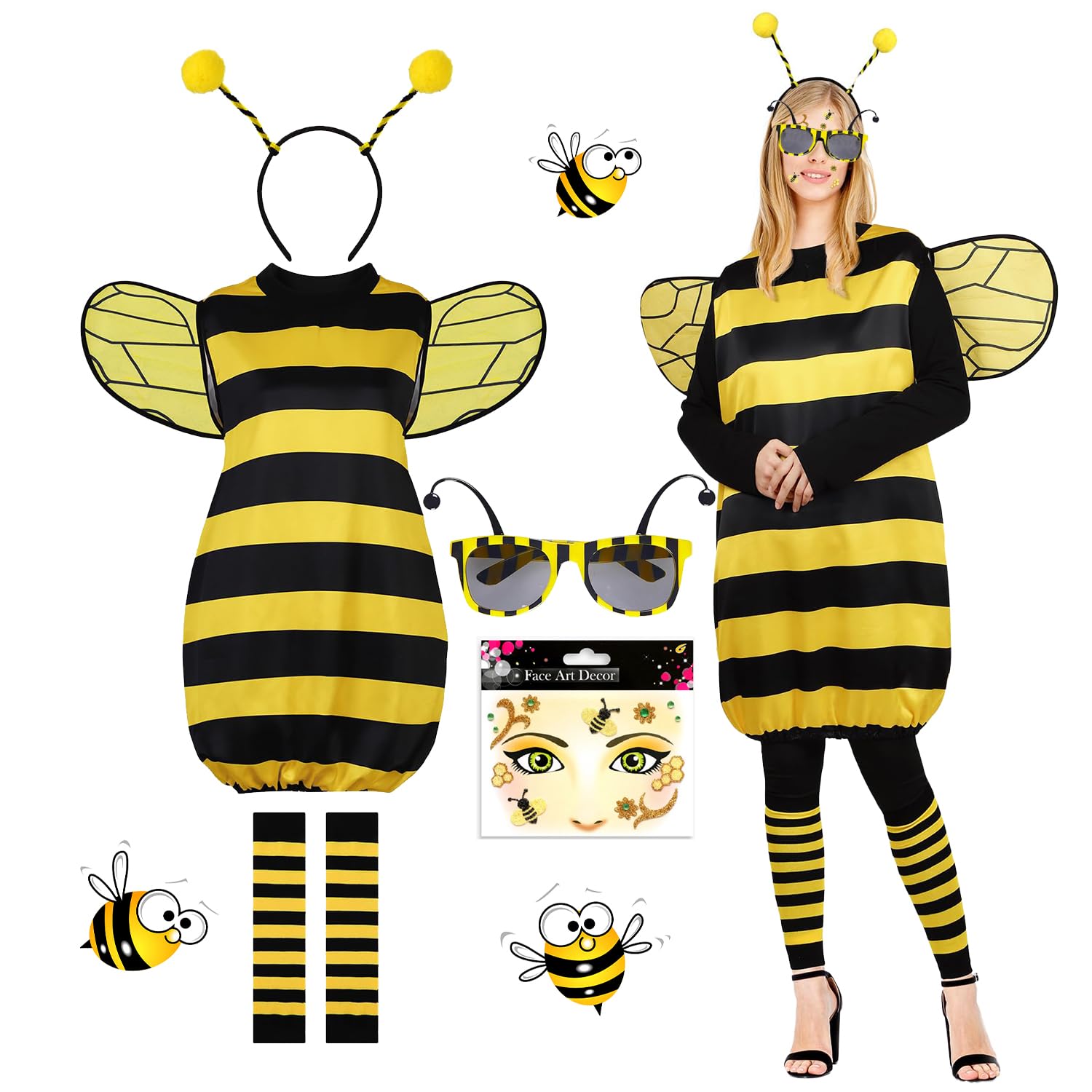 Disfraz de abeja para mujer, disfraz de abeja para adulto, vestido de abeja para mujer con diadema, alas, mangas para las piernas, disfraz de carnaval para fiesta de disfraces de Halloween cosplay