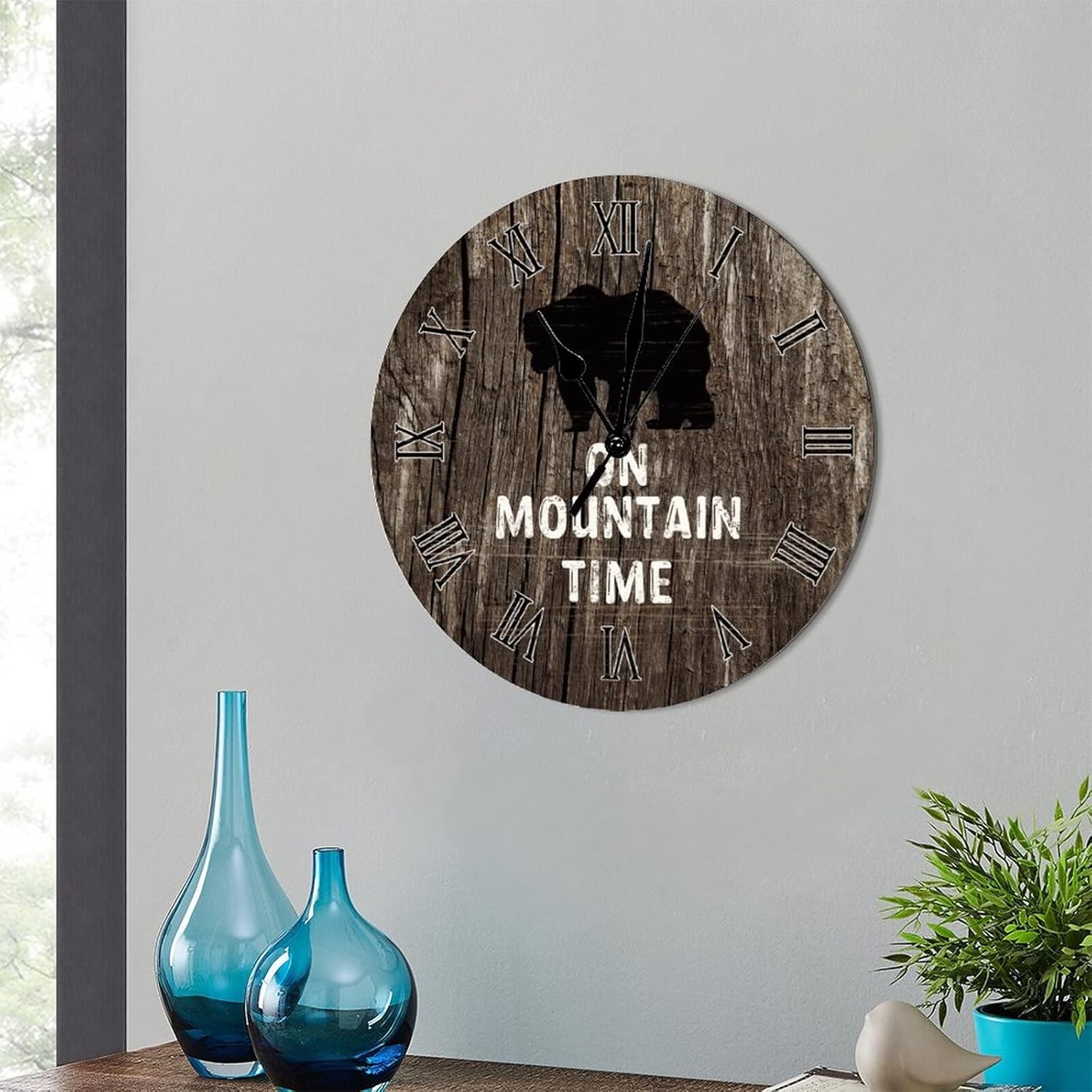 15 Inch Brown Bear Wall Clock On Mountain Time Art Font Silent Non Ticking Roman Numerals Battery Operated Round Wooden Clock Easy to Read Home Office Kitchen Classroom School Clock