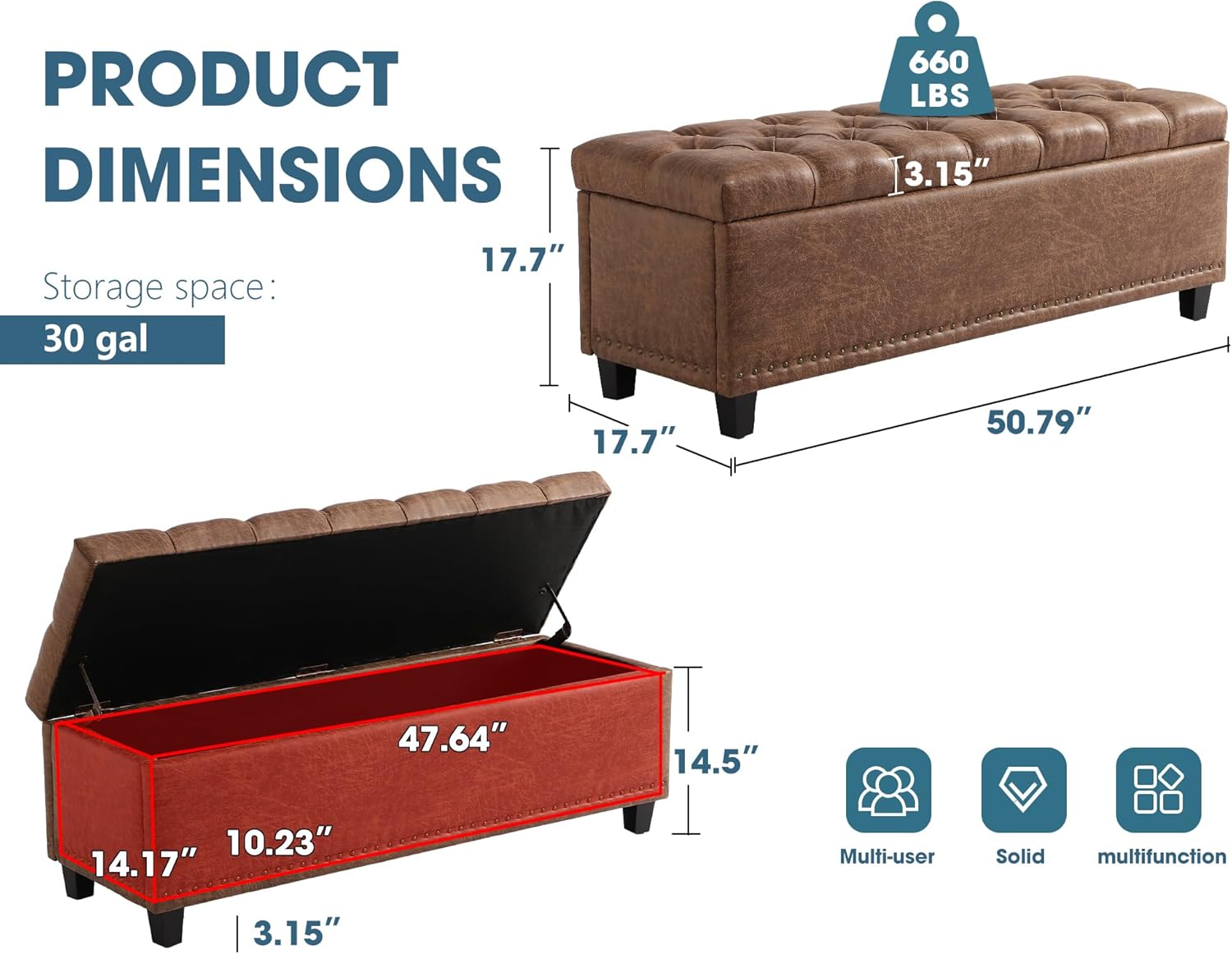 Grepatio 51" Ottoman Storage Benches, 30 Gallons End of Bed Storage Bench, Large Rectangular Ottoman, Button-Tufted Ottomans with Storage for Living Room Bedroom, Foot of Bed (Brown) - Image 2