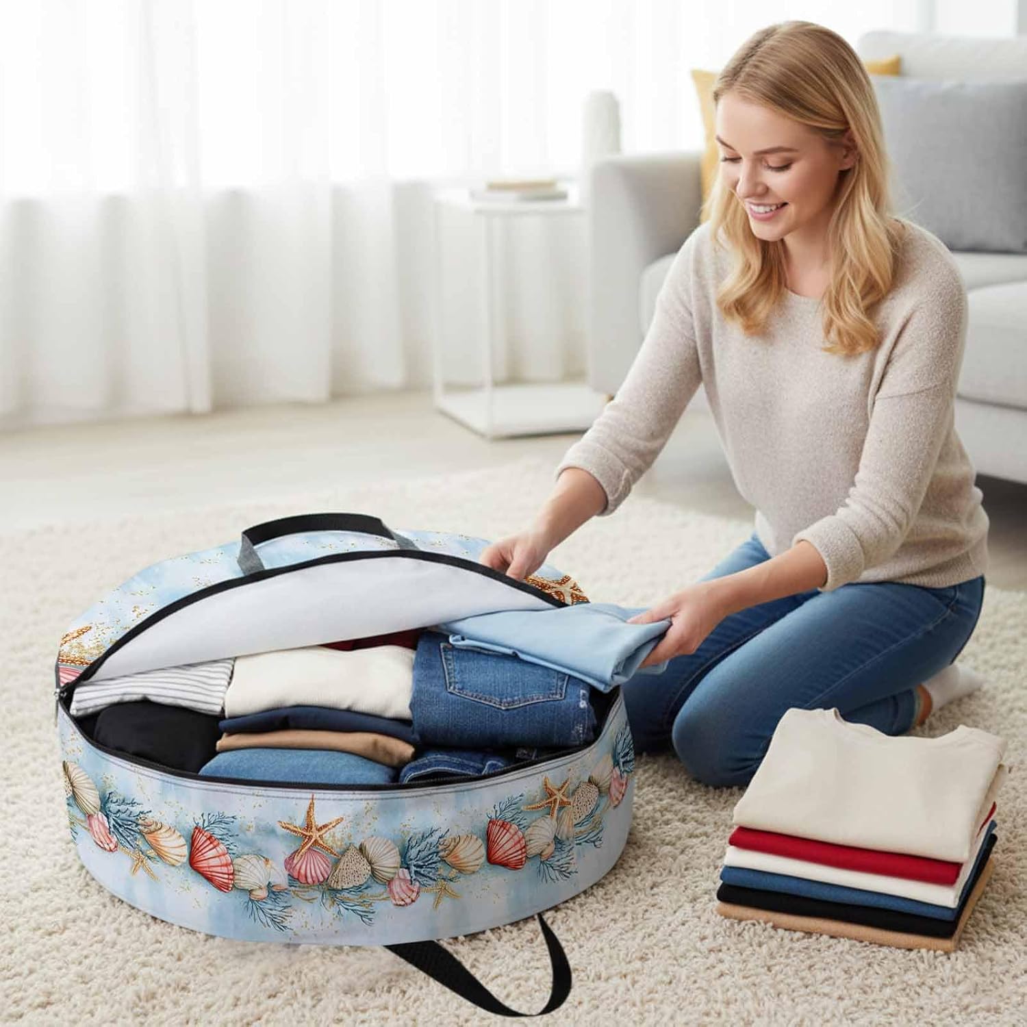 Summer Beach Round Storage Bag 36 Inch, Theme Shell Starfish Coral Nautical Coastal Clothes Storage Container with Handles Heavy Duty Organizer for Comforter, Bedding & Holiday Wreaths