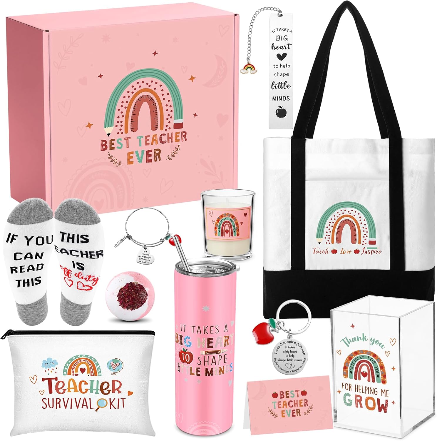 FoldTier Best Teacher Ever Gift Set: Classic Teacher Appreciation Gifts for Women; Includes Tumbler, Tote, Cosmetic Bag, Bracelet, Keychain, Bookmark, Candle, Socks, Pen Holder, Thank You Card