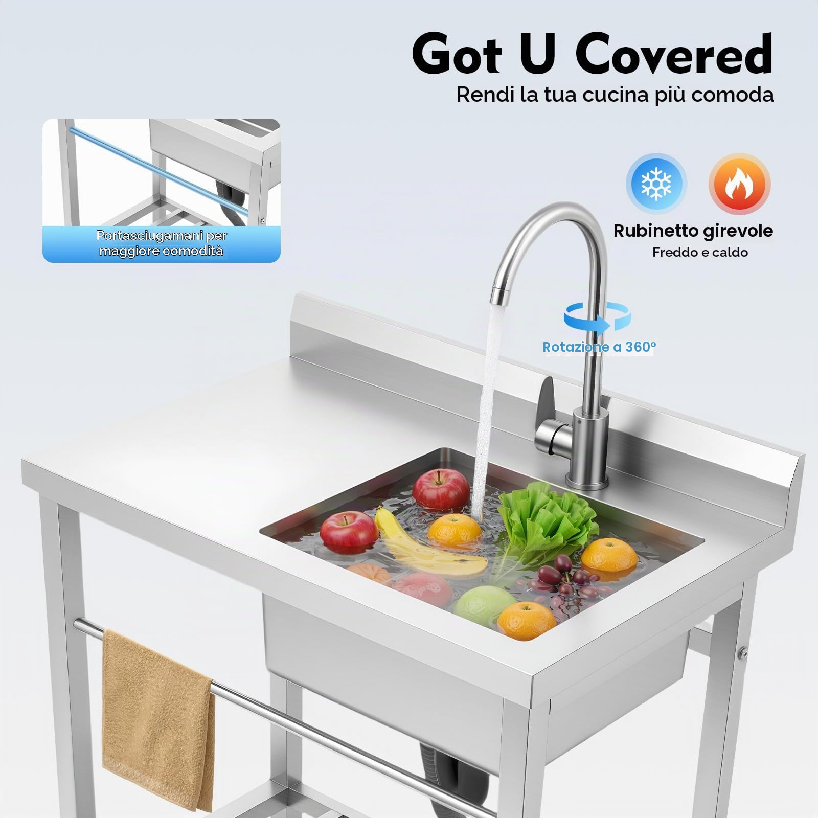 Lavello in acciaio inox, 80 x 55 x 84 cm, autoportante, portata 100 kg, per ristoranti, cucine, lavanderia (lavello destro)