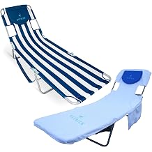 Ostrich The Original Chaise Lounge Portable Reclining Beach Chair, Blue Stripe - Bundled with Custom Fitted Towel Cover, White