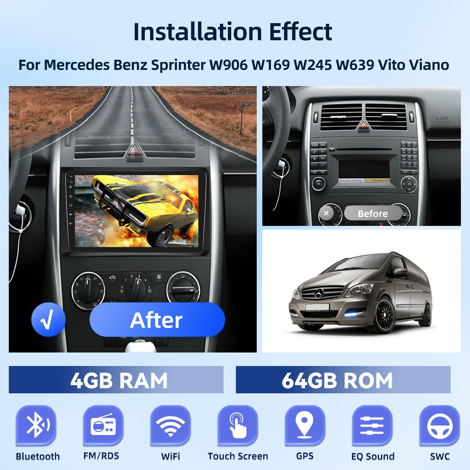 4G+64G Android Autoradio für Mercedes Benz Sprinter W906 W169 W245 W639 Vito Viano 2006-2011 mit Wireless Carplay & Android Auto, 9-Zoll Touchscreen mit GPS, WiFi, 32EQ, Bluetooth 5.0, FM/RDS Radio