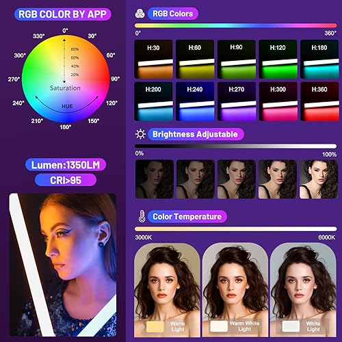 Miniatura 3 de LUXCEO P120 RGB - Luz de fotografía de mano, control de aplicación de 1350 lúmenes LED, varita de luz de video de 360° a todo color, 12 modos de