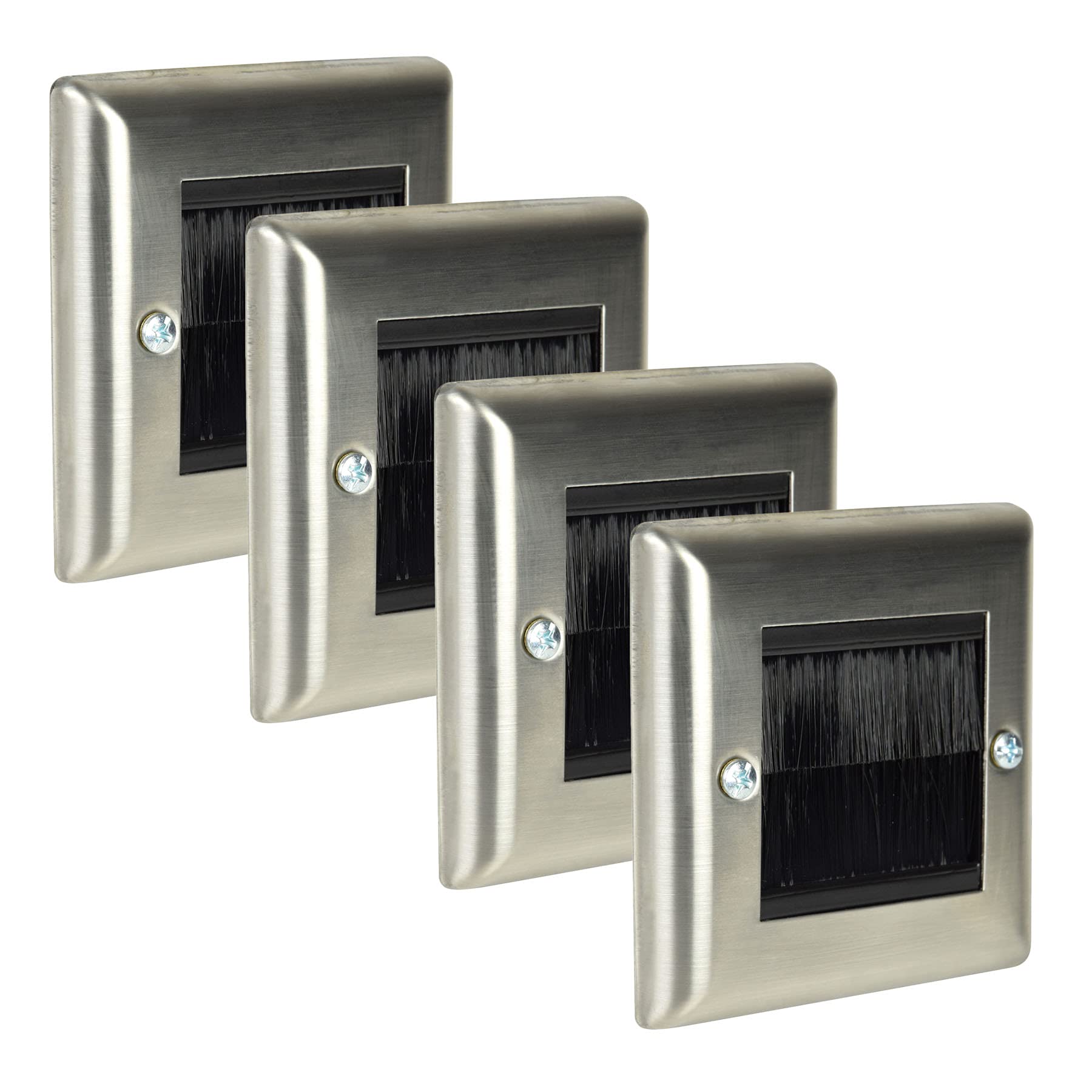 Ex-Pro Single Gang, Silver 4 Pack Brush Wall Plate, Single Gang Steel Flush Wall Mounted Faceplate For Outlets, Sockets And Tidy Wire And Cable - Silver