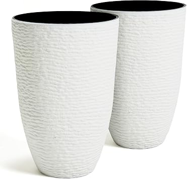 Worth Garden 2-Pack 21" H. White Tall Planters - 14 Dia Resin Large Round Flower Pots for Outdoor Plants Trees - Imitation Stone Finish Plastic Indoor Front Porch 9 Gallon Decorative Container Patio