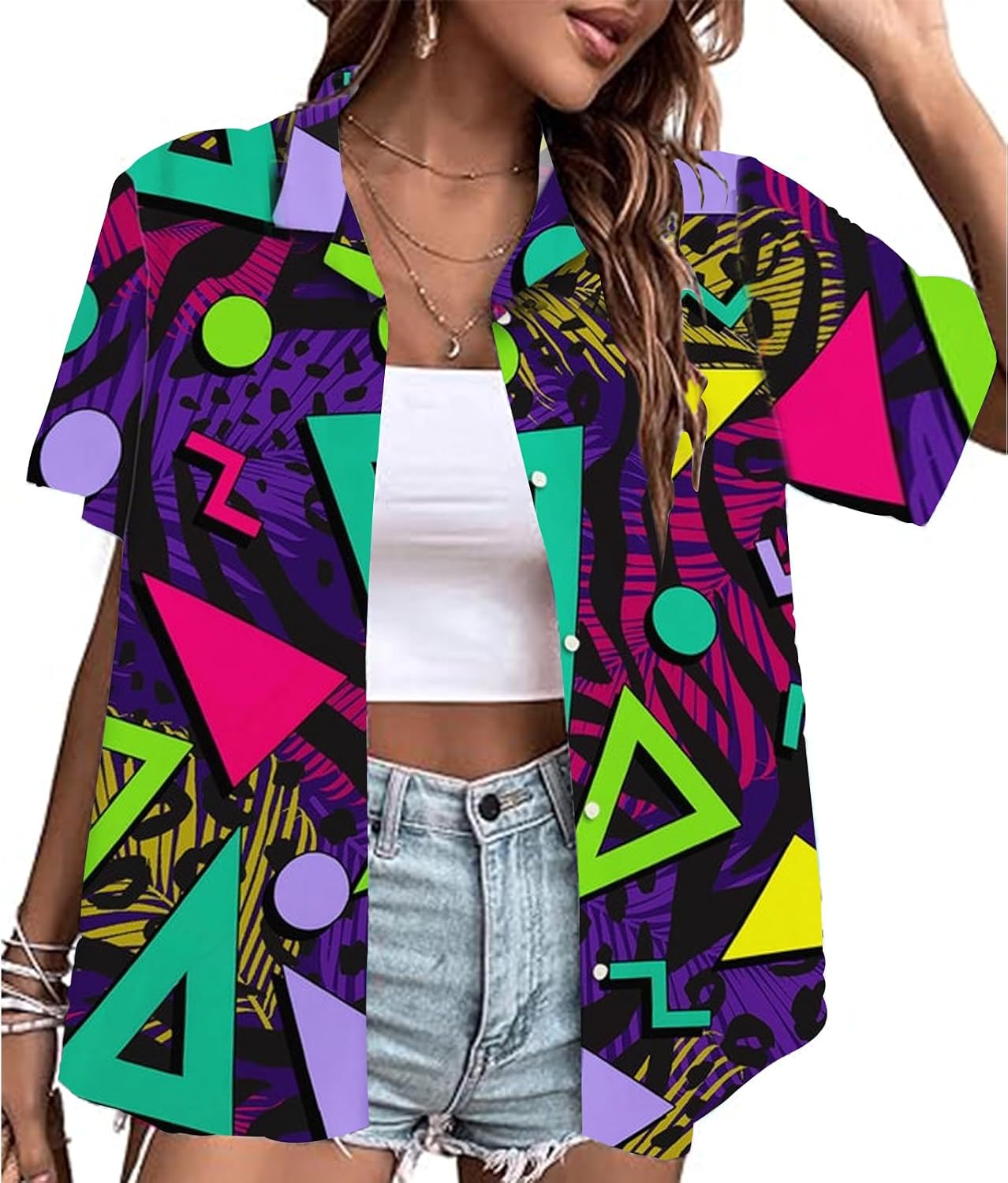 80s 90s Outfits for Women 80s Party Themed Outfit Shirt Retro 80s Neon Disco Costume Hawaiian Button Down Blouse Tops