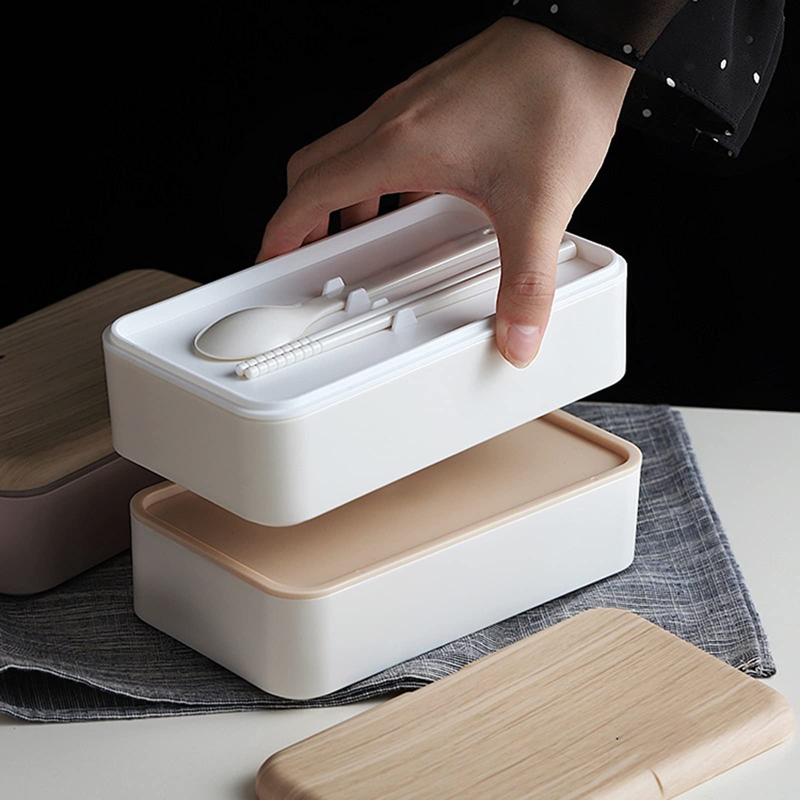 Fiambrera de Doble Capa de 1200 ml con Aspecto de Madera, Ideal para ensaladas, Tipo bento, portátil, con Compartimentos (Negro).