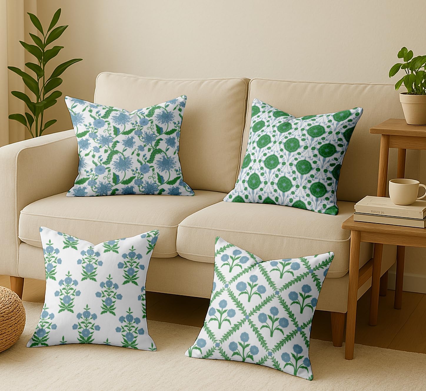Block Design, Decorative Cushion Covers Set of 4-16x16 Inch, 100% Cotton, Printed on Both Sides, Hidden Zipper, White