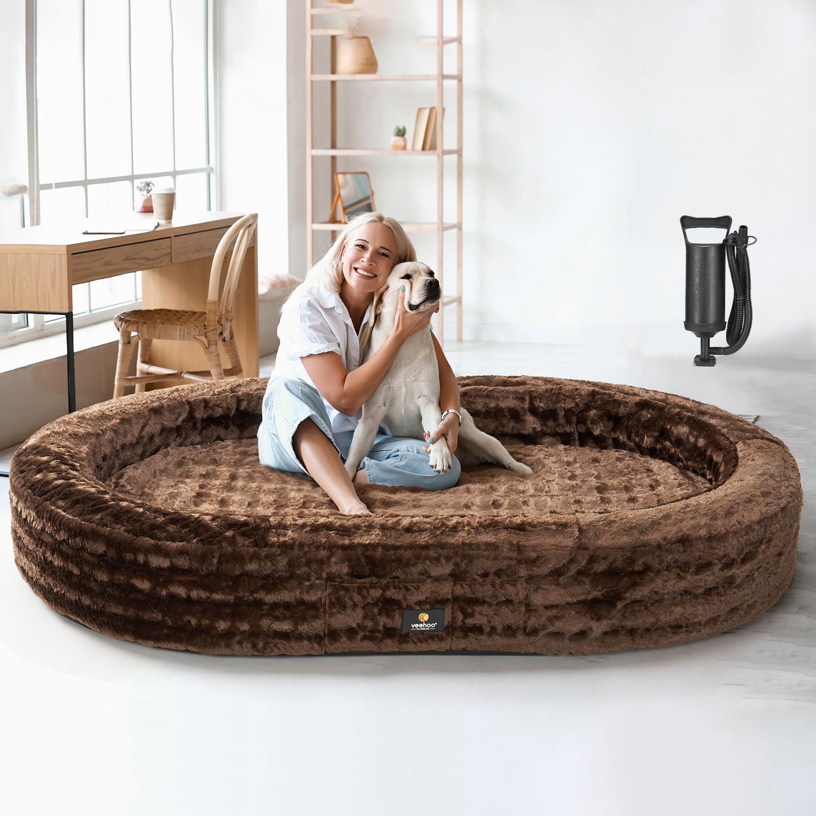 Veehoo Inflatable Human Dog Bed, Giant Human Sized Dog Bed, Soft Fur Oval Nap Bean Bag Bed for Adults, Kids and Pets, Multifunctional Extra Large Pet Bed for Indoor and Outdoor, Large, CWW2403