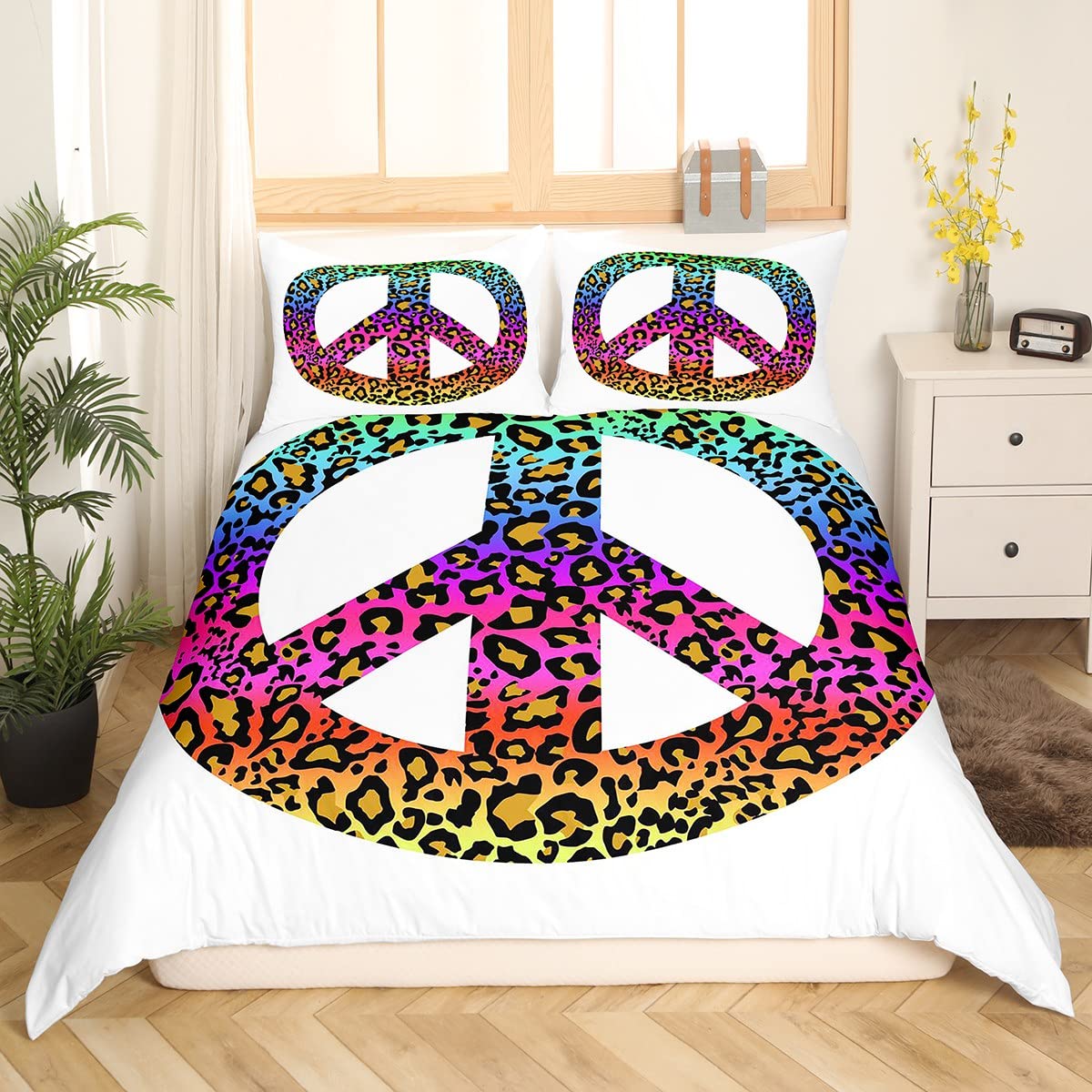 spefrowx Peace Sign Bedding Sets Queen Rainbow Leopard Print Comforter Cover Colorful Cheetah Print Duvet Cover Set Hippie Peace Art Quilt Cover for Kids Boys Girls Teens with 2 Pillowcase