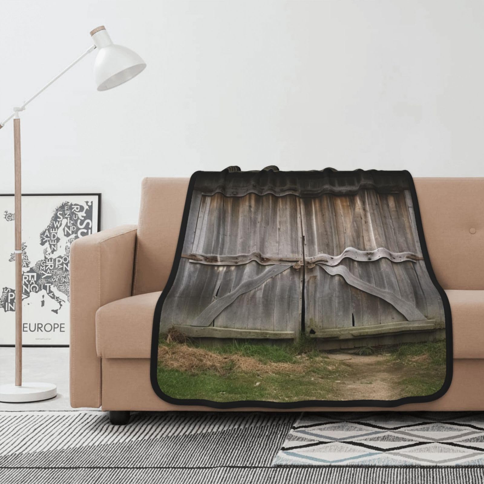 Plaid polaire vieilles portes de grange 102x127 cm, jeté de canapé en flanelle