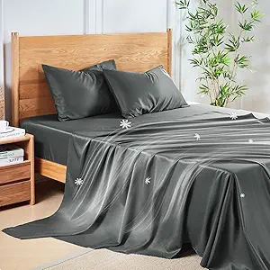 MR&HM Twin XL Sheets Set, 3-Piece Cooling Sheets, Rayon Derived from Bamboo & Polyester Blend, Soft & Silky, 15" Deep Pockets with Elastic Straps, Hotel Luxury for Hot Sleepers, Dark Grey