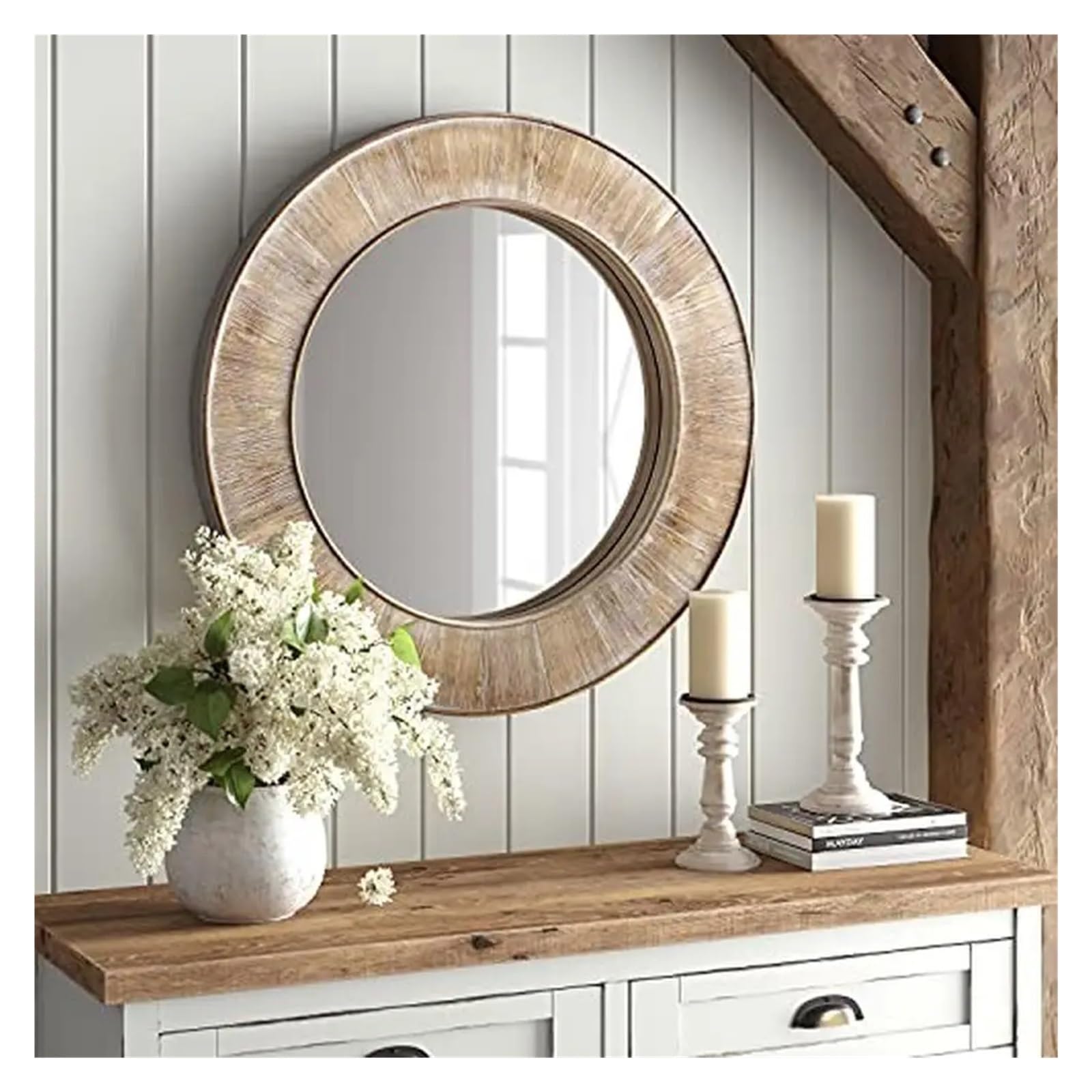 Specchio Rotondo Da Parete In Legno 50 Cm – Stile Rustico Boho Con Cornice A Raggi, Marrone Naturale Per Bagno, Soggiorno O Corridoio - 3