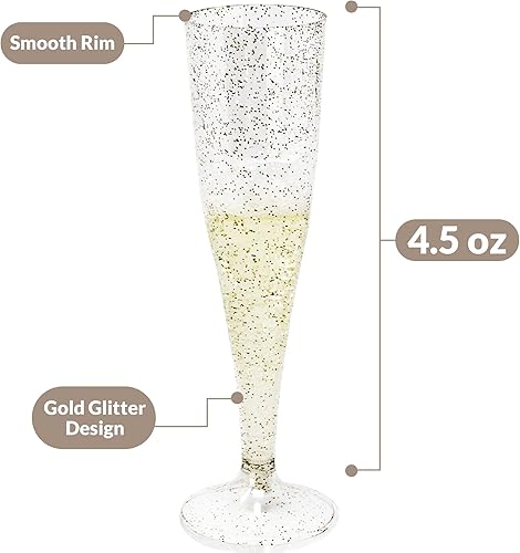Miniatura 3 de Reli. Copas de champán de plástico Paquete de 100 4.5 onzas Purpurina dorada Copas de champán de plástico premium Fiesta perfecta para