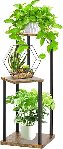 Soporte para plantas de 3 niveles para interiores, soporte de esquina de metal de madera escalonada, soporte para macetas, estante de madera para
