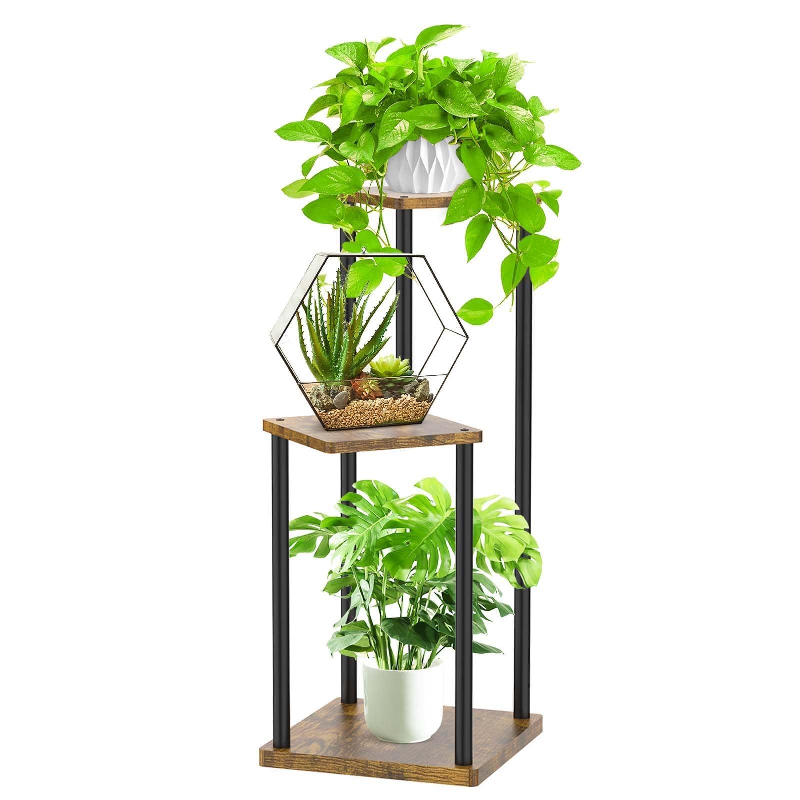 3 Tier Plant Stands Indoor, Metal Wood Tiered Corner Plant Stand Pot Holder, Wood Flower Shelf Display Rack for Living Room Bedroom Outdoor Balcony Garden Patio, Black