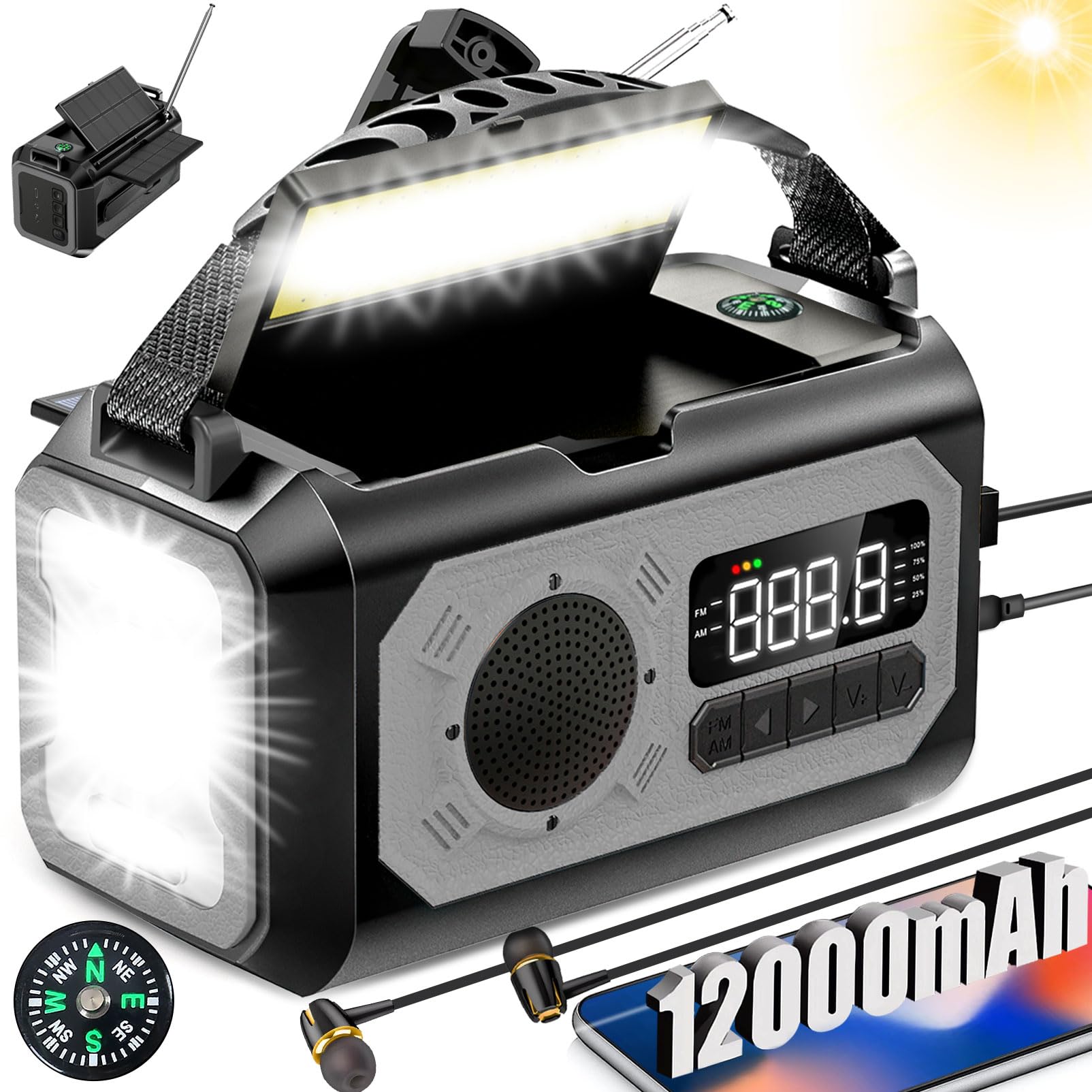 12000mAh radio Manovella,2 Pannelli Solari,AM/FM Radio Solare di Emergenza,3 Metodi di Ricarica 7 in 1 Radio Portatile di Emergenza,SOS,Torcia,Bussola,Lampada da Lettura
