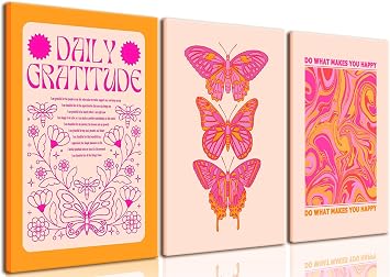 Preppy Daily Gratitude Wall Art Set of 3 Pink and Orange Butterfly Pictures Wall Decor Paintings, Do What Makes You Happy Poster Aesthetic Canvas Prints for Girls Bedroom Dorm 16x24 inch Framed