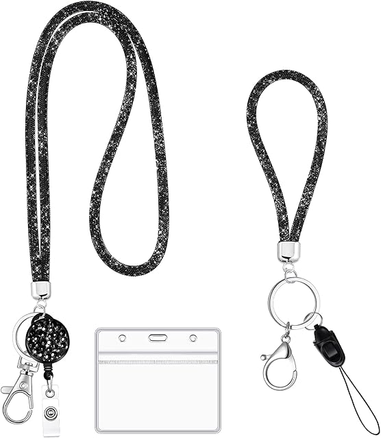 Black Crystal Lanyard for ID Badges, Rhinestone Lanyard with Sparkly Wrist Lanyard Strap and ID Card Holder, Bling Lanyard for Women, Sparkle Lanyard with Metal Clasp and Keyring for Teachers Nurses