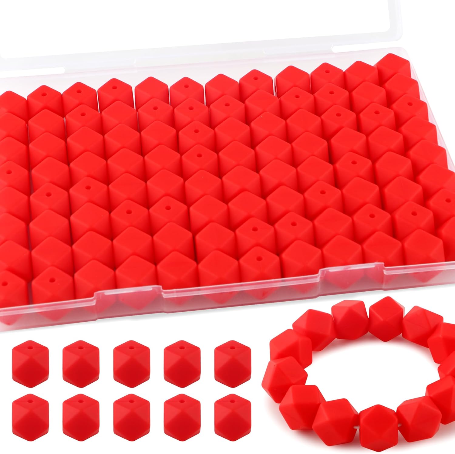 96Pcs 14mm Hexagon Silicone Beads, Bulk Silicone Beads for Keychain Bracelet Necklace Making DIY Crafts(Scarlet Red)