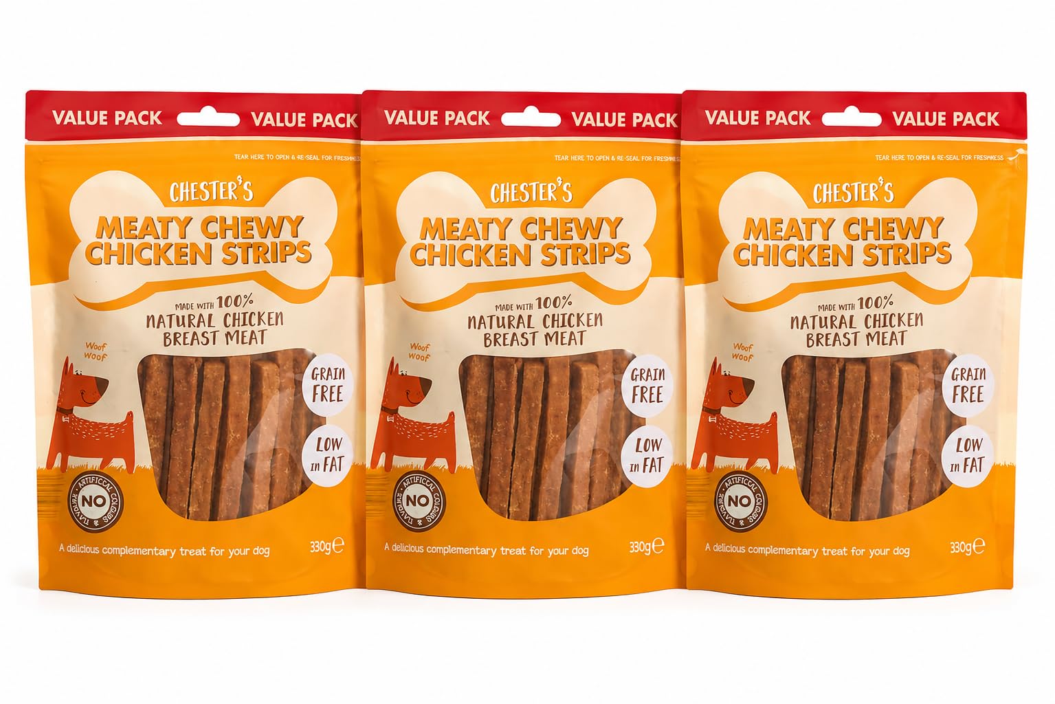 Chester’s Meaty Chewy Chicken Strips Dog Treats 330g x 3 – 100% Natural Chicken Breast, Grain Free Low Fat Dog Chews, High Protein Training Treats & Rewards – Pack of 3