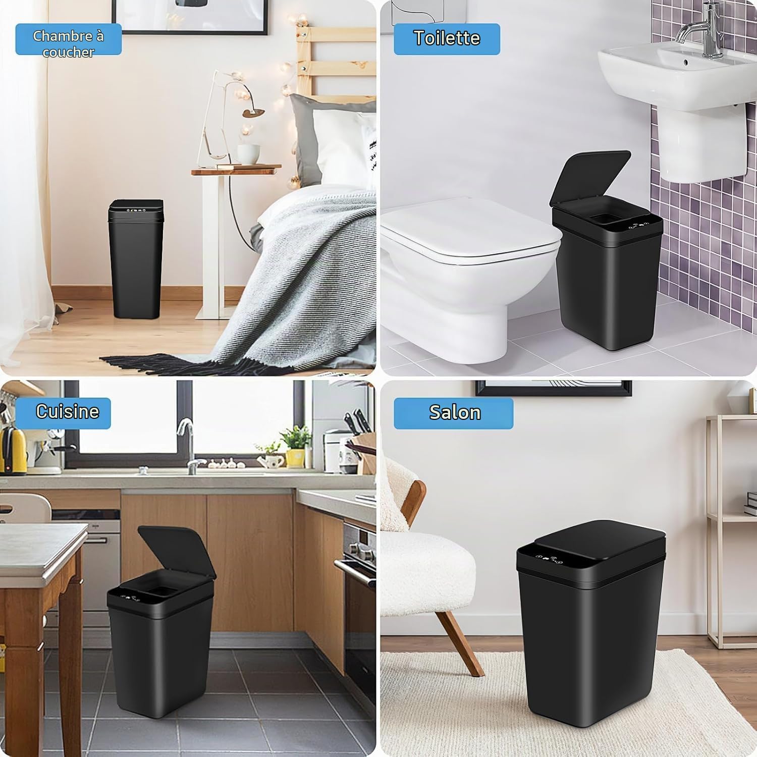 3 Pack Poubelle Salle Bain, 12L Poubelle Automatique avec Couvercle, Corbeille à Détection de Mouvement, Poubelle Fine à Épreuve des Chiens, Poulailler Étanche pour Chambre, Bureau, Cuisine (Noir)