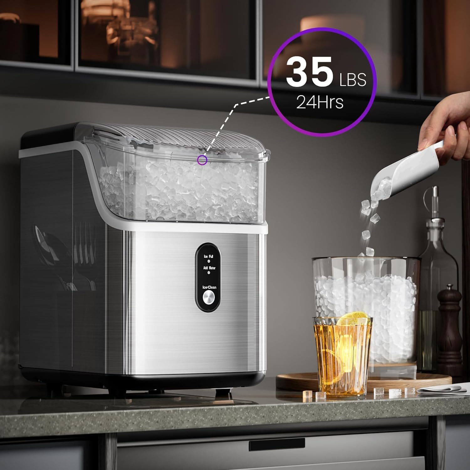 Nugget Ice Maker Countertop With Chewable Ice, 35lbs/Day, Portable Ice Maker Countertop With Handle, One-Click Operation, Compact Design Crushed Pellet Ice Maker For Home & Kitchen(Green) on Fridge.com - View 2